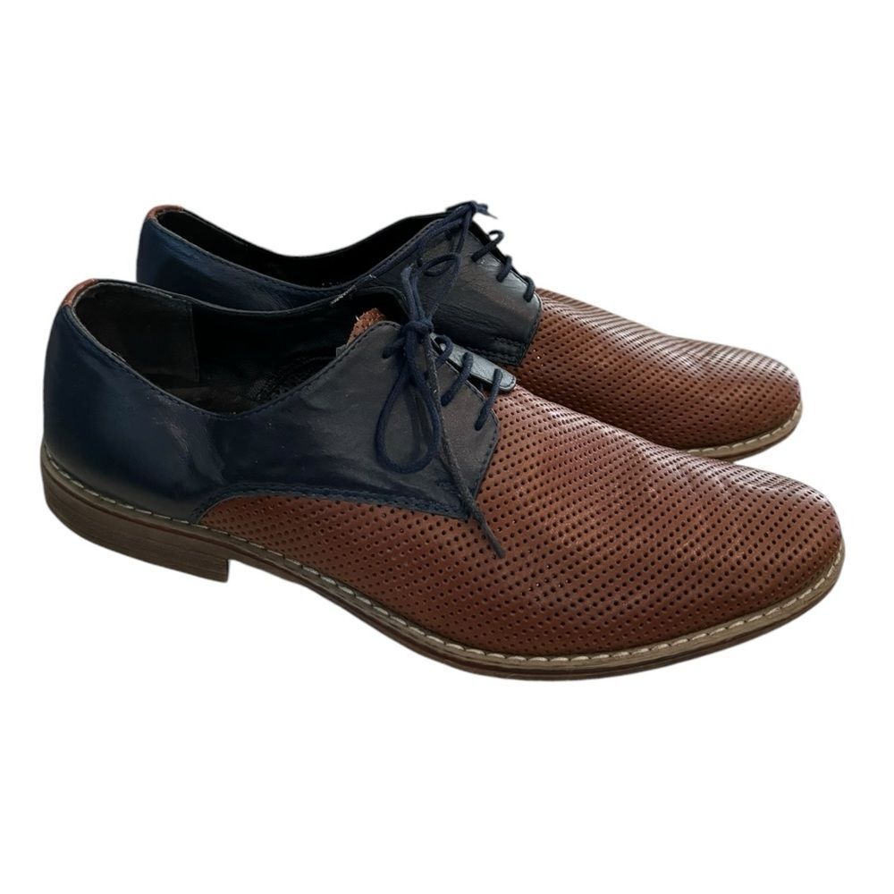 PEPPE SHOES Men's Leather Perforated Brown Navy Tie Oxford Dress Shoes 44